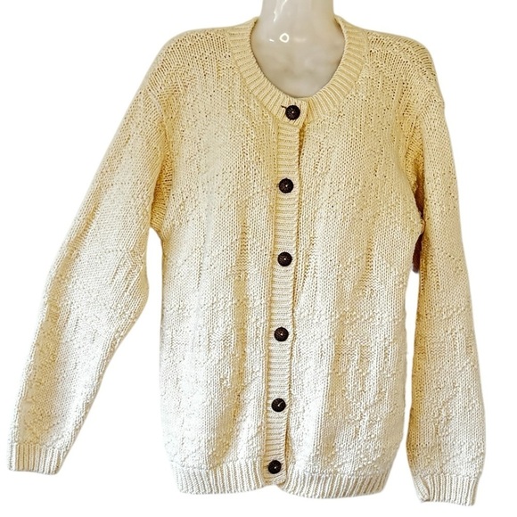 ALPS Sweaters - Fisherman Sweater ALPS Vintage Cardigan Ivory Chunky Brass Buttons Scandi Girl